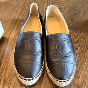 CHANEL Black Leather Espadrille Flats